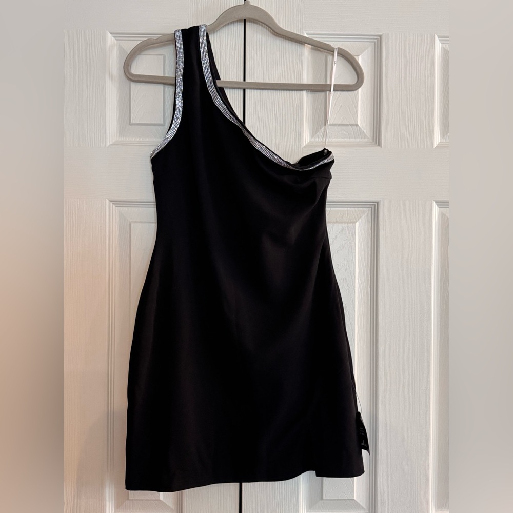 Lulus Luxe Pose Black Rhinestone One-Shoulder Bodycon Mini Dress